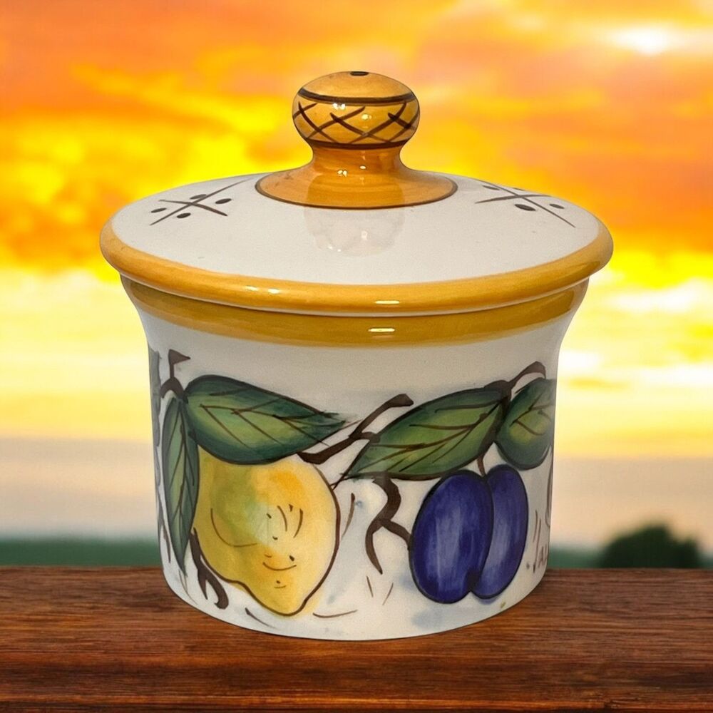 Bella Casa by Ganz Sugar Bowl with Lid Signed Valerio Fruit Lemon Grapes Apple